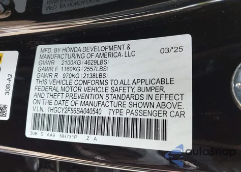 2025 Honda Accord Sport z USA, uszkodzony, nr VIN 1HGCY2F56SA040540